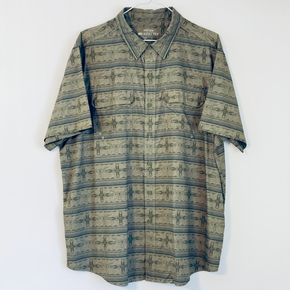 Ariat Tek Men's Green Western Longhorn Aztec Button Down Short Sleeve Shirt XL